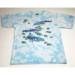 Vintage 90s Barracuda Fish T-Shirt XL Blue Tie Dye Florida Single Stitch 1993